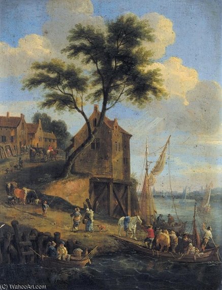 Order Oil Painting Replica Figures Disembarking From A Ferry With Their Horses by Mathys Schoevaerdts (1665-1710, Belgium) | ArtsDot.com
