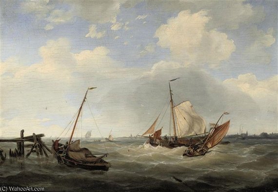 Order Art Reproductions Sailing On Choppy Waters by Nicolaas Riegen (1827-1889, Netherlands) | ArtsDot.com