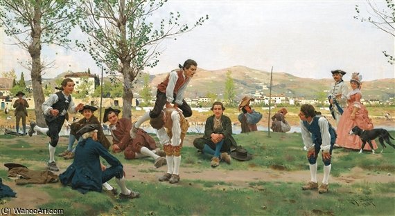Order Oil Painting Replica Saltarello Cavallucio (a Game Of Leapfrog) by Raffaelo Sorbi (1844-1931, Italy) | ArtsDot.com