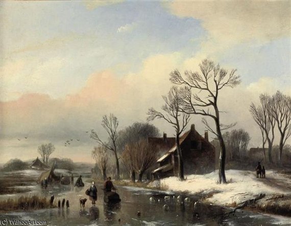 Order Oil Painting Replica Figures On A Frozen Stream Near A Farm House by Willem Vester (1824-1871, Netherlands) | ArtsDot.com
