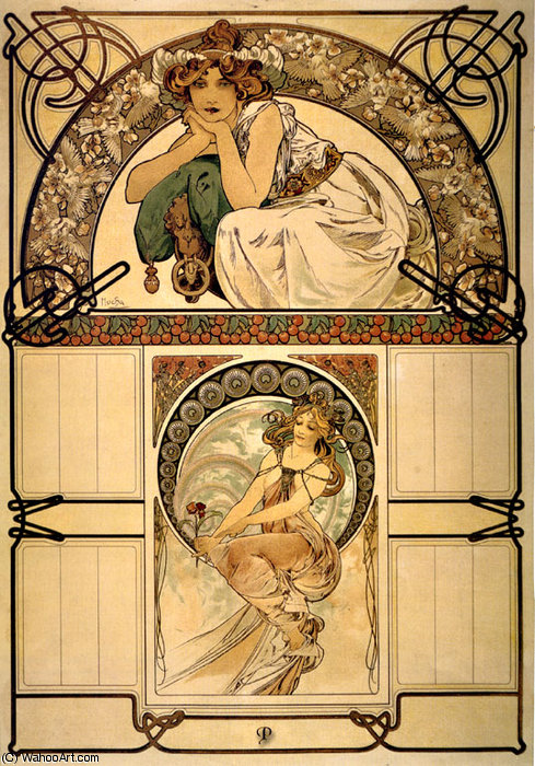 Order Oil Painting Replica calendrier de la fleur cerisier, 1898 by Alfons Maria Mucha (1860-1939, Czech Republic) | ArtsDot.com