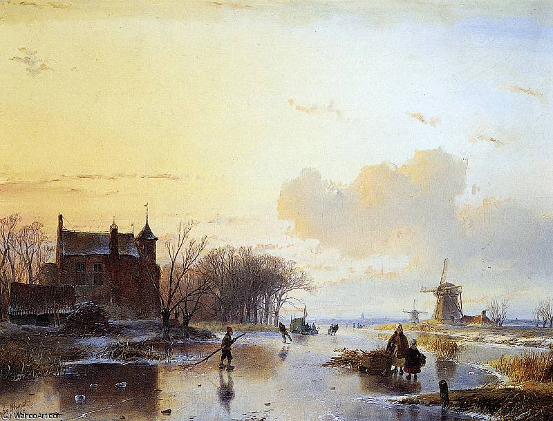 Order Oil Painting Replica Mother and child on frozen river Sun by Andreas Schelfhout (1787-1870, Netherlands) | ArtsDot.com