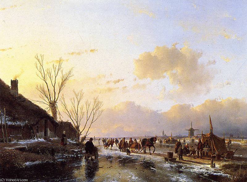 Order Oil Painting Replica People on frozen river Sun by Andreas Schelfhout (1787-1870, Netherlands) | ArtsDot.com