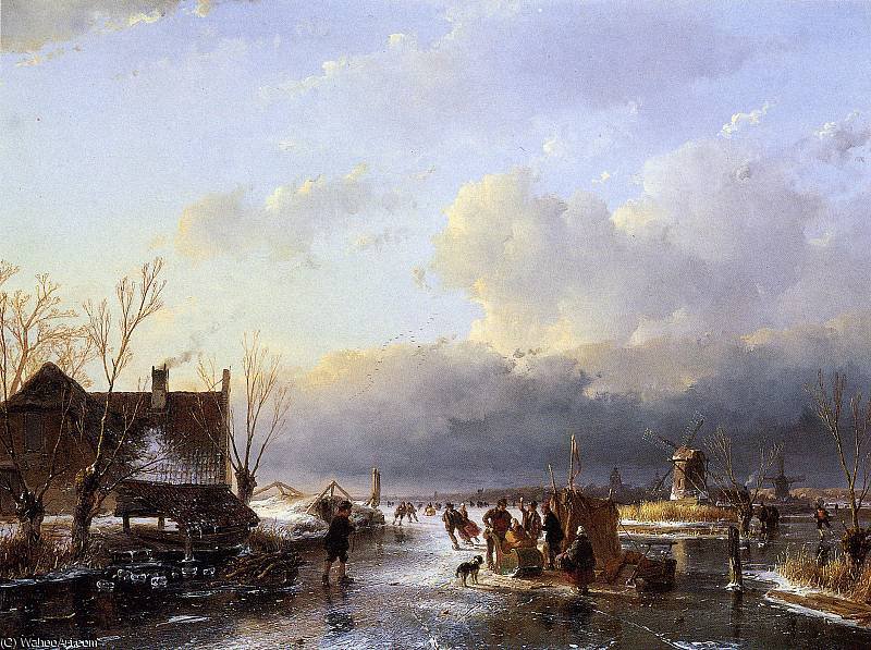 Order Artwork Replica Scaters on river near saw mill Sun by Andreas Schelfhout (1787-1870, Netherlands) | ArtsDot.com