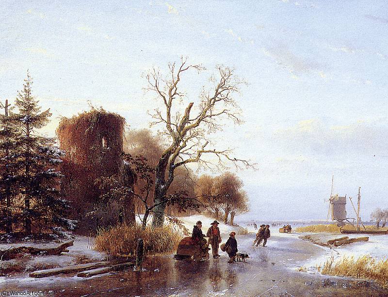 Order Oil Painting Replica Scaters on frozen river 2 Sun by Andreas Schelfhout (1787-1870, Netherlands) | ArtsDot.com