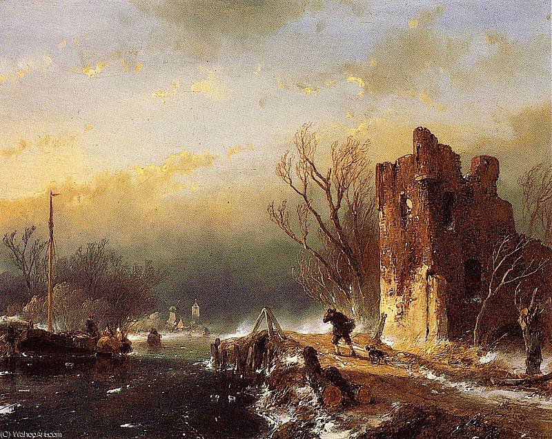 Order Paintings Reproductions Traveller country road in winter Sun by Andreas Schelfhout (1787-1870, Netherlands) | ArtsDot.com