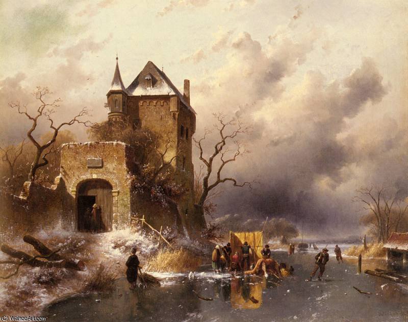 Buy Museum Art Reproductions skaters on a frozen lake by the ruins of a castle by Charles Henri Joseph Leickert (1816-1907, Belgium) | ArtsDot.com