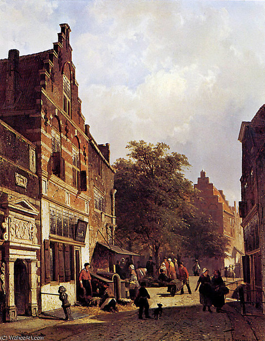 Order Oil Painting Replica Cornelis Street view Sun by Cornelius Springer (1817-1891) | ArtsDot.com