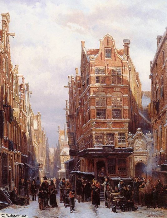Order Oil Painting Replica Cornelis The Jewish quarter in Amsterdam Sun by Cornelius Springer (1817-1891) | ArtsDot.com