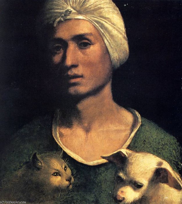 Order Oil Painting Replica portrait of a young man with a dog and a cat by Dosso Dossi (Giovanni Di Niccolò De Luteri) (1486-1542, Italy) | ArtsDot.com