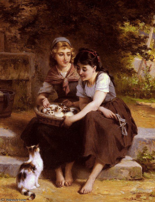 Order Art Reproductions deux filles avec un panier de chatons by Emile Munier (1840-1895, France) | ArtsDot.com