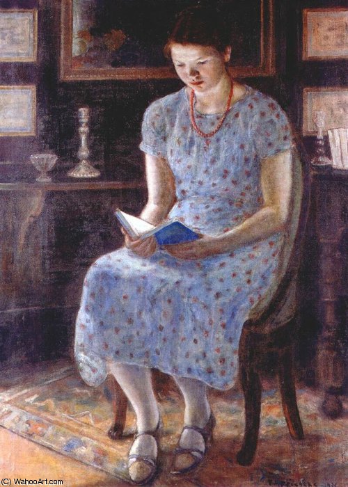 Order Oil Painting Replica blue girl reading, 1935 by Frederick Carl Frieseke (1874-1939, United States) | ArtsDot.com