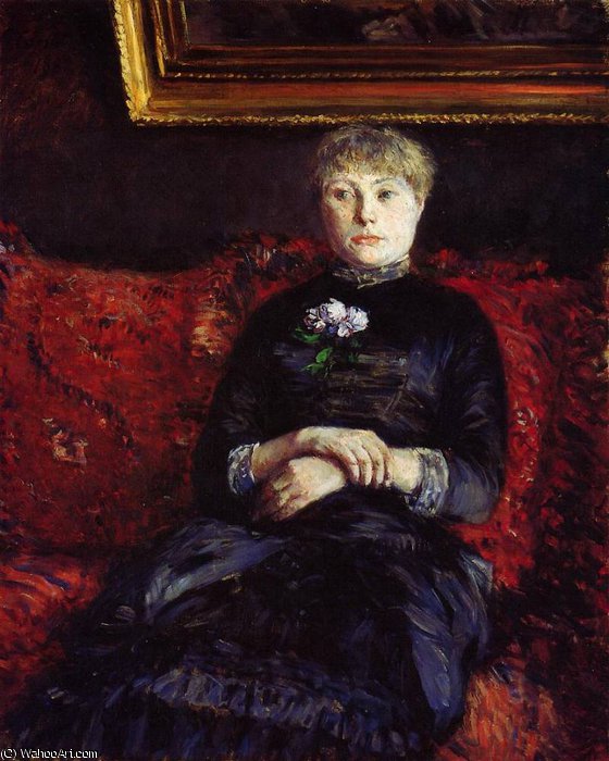 Order Art Reproductions Woman Sitting on a Red Flowered Sofa by Gustave Caillebotte (1848-1894, France) | ArtsDot.com