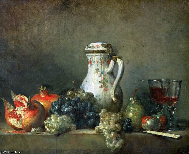 Order Oil Painting Replica Still Life with Grapes and Pomegranates by Jean-Baptiste Simeon Chardin (1699-1779, France) | ArtsDot.com