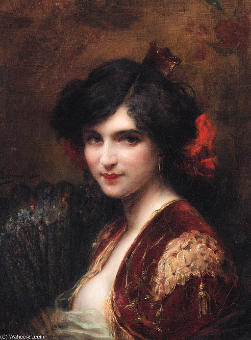 Order Oil Painting Replica Portrait of a Spanish Lady bust length wearing a red jacket with gold brocade holding a fan by Adrien Henri Tanoux (1865-1923, France) | ArtsDot.com