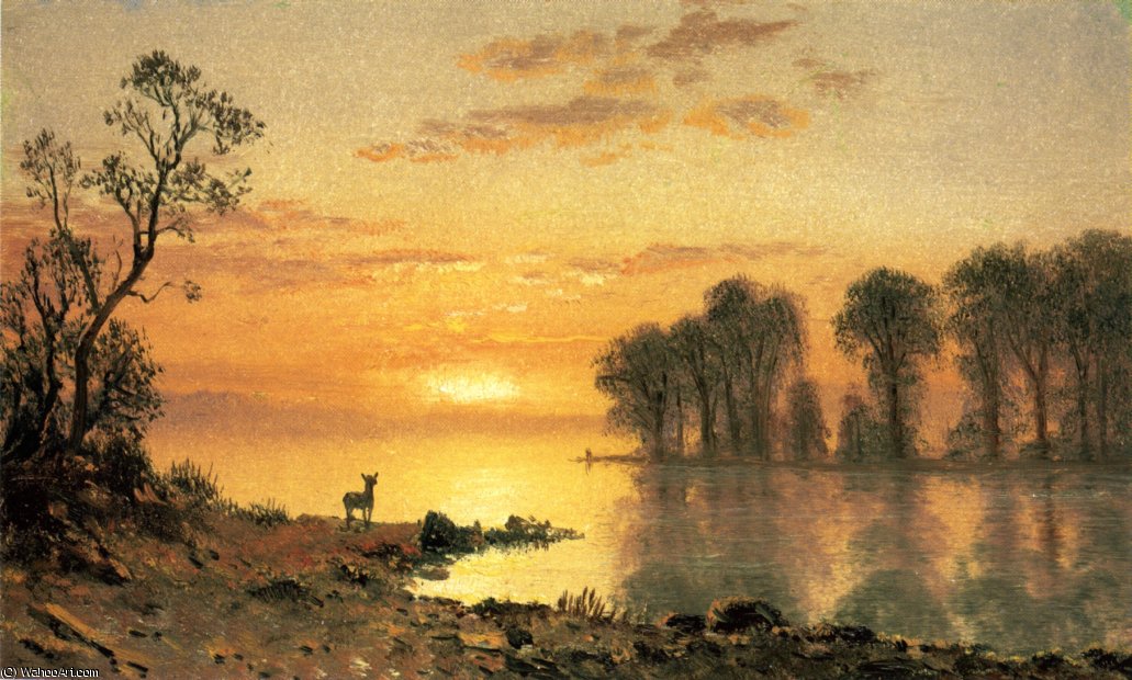 Order Oil Painting Replica Sunset Deer and River, 1868 by Albert Bierstadt (1830-1902, Germany) | ArtsDot.com