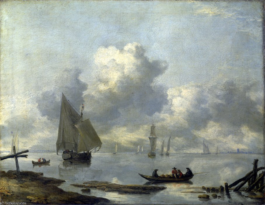 Buy Museum Art Reproductions Vessels in Light Airs on a River near a Town by Jan Van De Cappelle (1624-1679, Netherlands) | ArtsDot.com