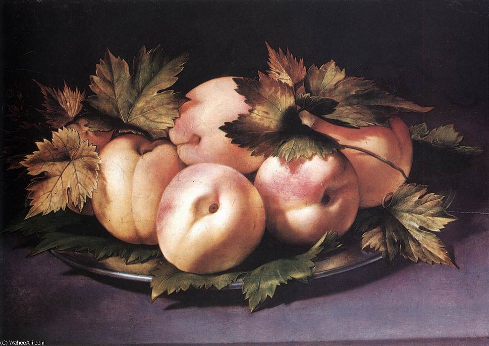 Order Oil Painting Replica Still-life with Peaches and Fig-leaves by Giovanni Ambrogio Figino (1553-1608, Italy) | ArtsDot.com