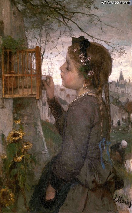 Order Paintings Reproductions A Girl feeding a Bird in a Cage by Jacob Henricus Maris (1837-1899, Netherlands) | ArtsDot.com