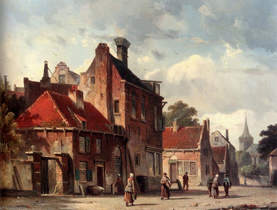 Order Paintings Reproductions View of town with figures in a sunlit street by Adrianus Eversen (1818-1897, Netherlands) | ArtsDot.com