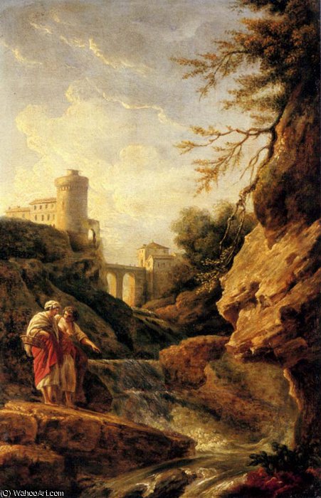 Buy Museum Art Reproductions Two female peasants by a waterfall by Claude Joseph Vernet (1714-1789, France) | ArtsDot.com