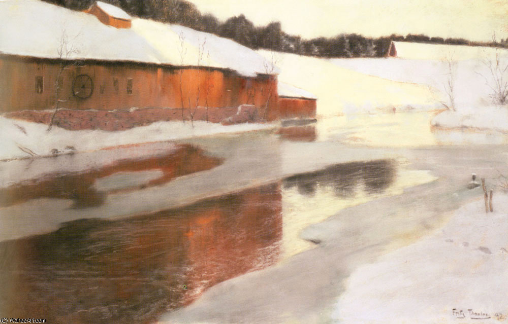 Order Oil Painting Replica A factory Building Near An Icy River In Winter by Frits Thaulow (1847-1906, Norway) | ArtsDot.com