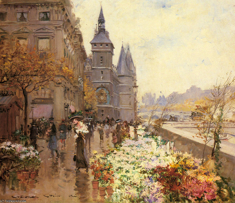 Buy Museum Art Reproductions A flower market along the seine by Georges Stein (1818-1890, France) | ArtsDot.com