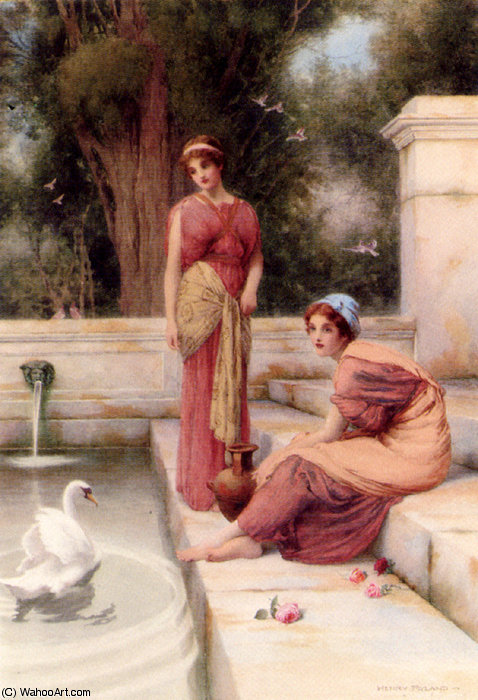 Buy Museum Art Reproductions Two classical maidens and a swan by Henry Ryland (1856-1924, United Kingdom) | ArtsDot.com