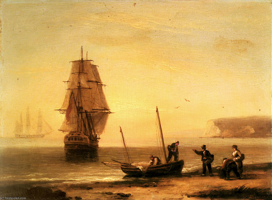 Order Oil Painting Replica Fishermen unloading the catch with a merchant ship in calm water off brymer bay devon by Thomas Luny (1759-1837, United Kingdom) | ArtsDot.com