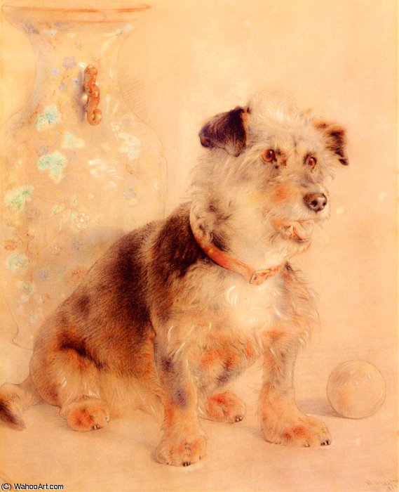 Order Art Reproductions Terrier seated before a canton famille rose vase by William Huggins (1820-1884, United Kingdom) | ArtsDot.com