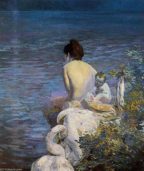 Order Oil Painting Replica Bather with Child and Swan by the Sea by Paul Albert Besnard (1849-1934, France) | ArtsDot.com