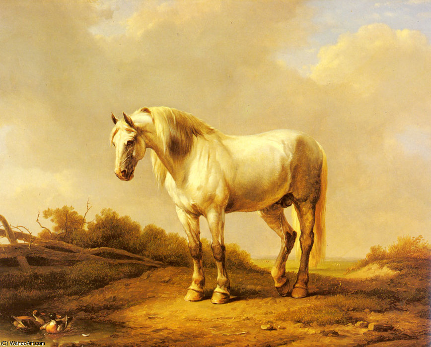 Order Oil Painting Replica A white stallion in a landscape by Eugène Joseph Verboeckhoven (1798-1881, Belgium) | ArtsDot.com