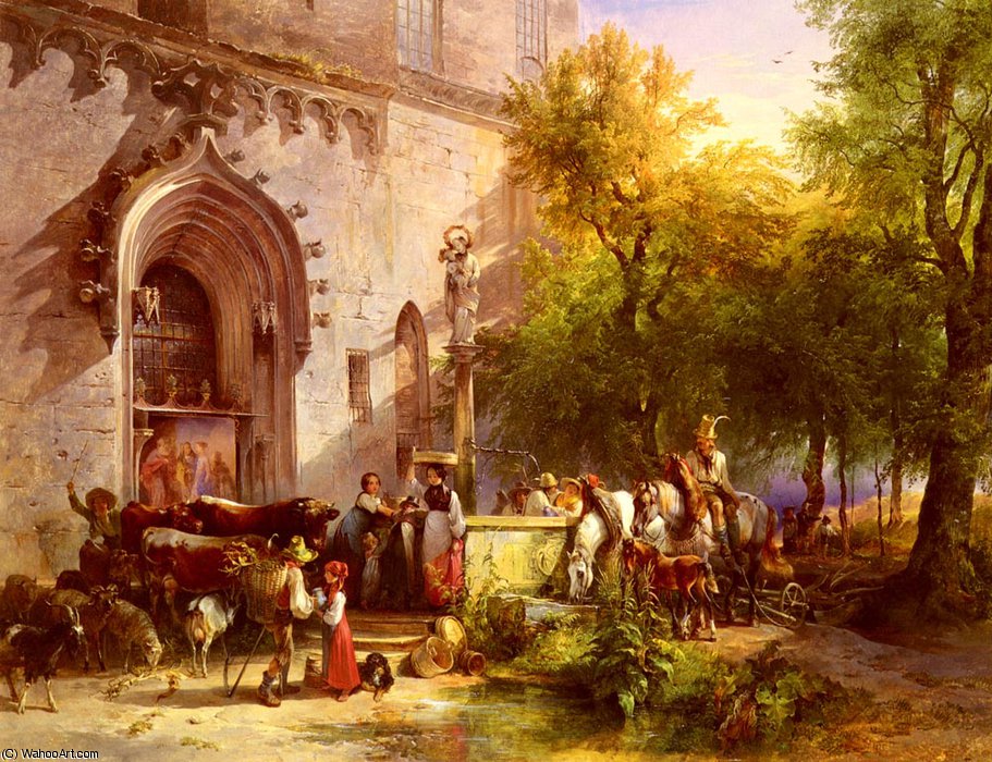 Order Oil Painting Replica Der dorfbrunn by Friedrich Gauermann (1807-1862, Austria) | ArtsDot.com
