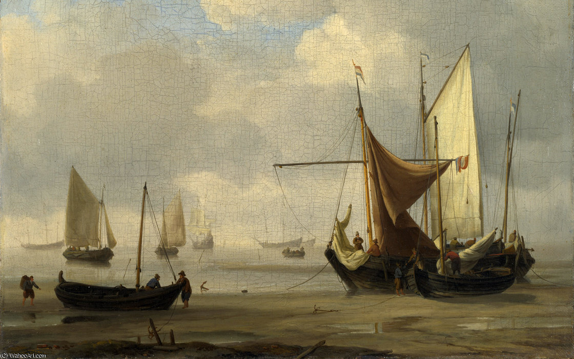 Order Oil Painting Replica Small Dutch Vessels Aground at Low Water in a Calm by Willem Van De Velde The Younger | ArtsDot.com