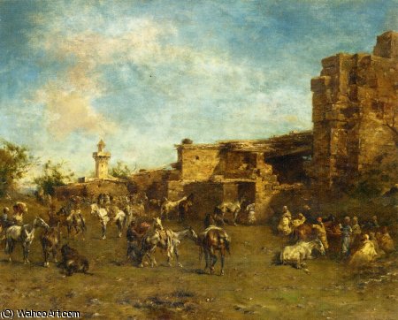 Buy Museum Art Reproductions Muleteers stopped - algiers by Eugene Fromentin (1820-1876, France) | ArtsDot.com