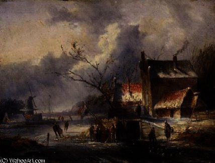 Order Paintings Reproductions A Winter Landscape with Skaters by Jan Evert Morel (1835-1905, Netherlands) | ArtsDot.com