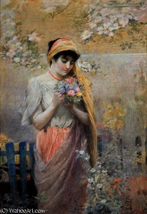 Order Oil Painting Replica Study of a girl with a bouquet of flowers in a garden by Robert Fowler (1853-1926, United Kingdom) | ArtsDot.com