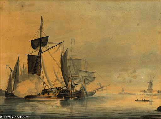 Order Oil Painting Replica An admiralty yacht firing a salute to signal her departure by John Thomas Serres (1759-1825, United Kingdom) | ArtsDot.com