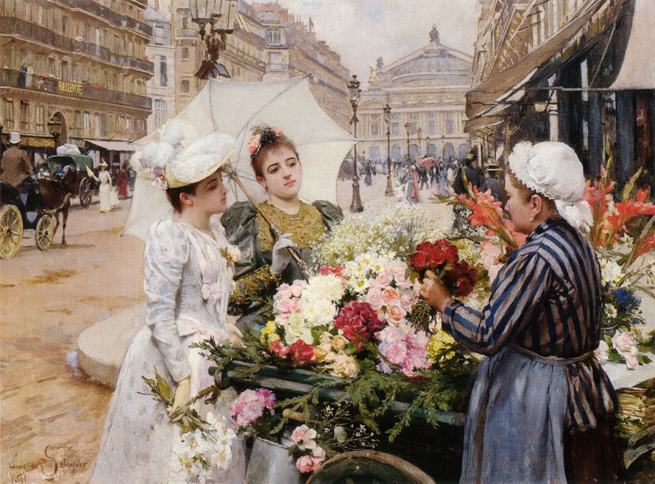 Order Oil Painting Replica The Flower Seller Avenue de LOpera Paris by Louis Marie De Schryver (1862-1942) | ArtsDot.com