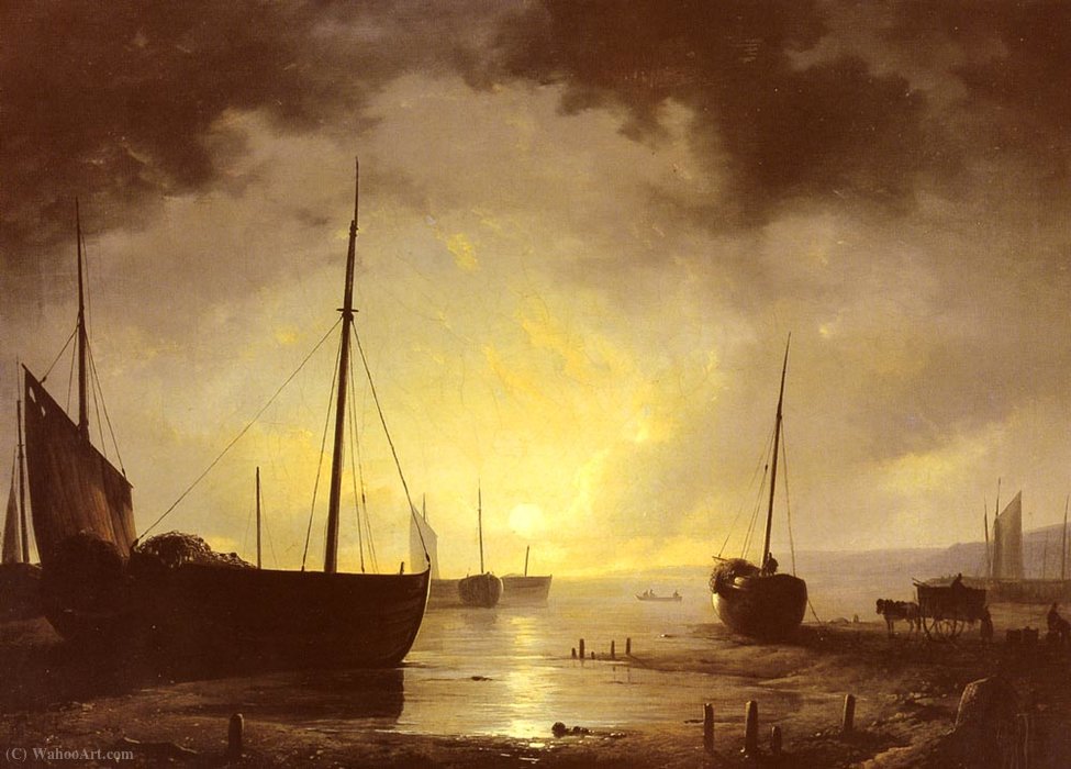 Order Oil Painting Replica Adrianus van Beached fishing Boats by Moonilight by Remigius Van Haanen (1812-1894) | ArtsDot.com