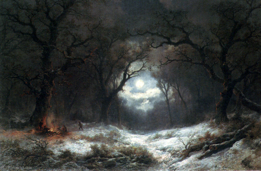 Order Oil Painting Replica Remi van A Moonlit Winter Landscape by Remigius Van Haanen (1812-1894) | ArtsDot.com