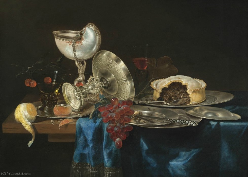 Still life with nautilus, silver tableware and blackberry pie (1646) by Gerrit Willemsz Heda Gerrit Willemsz Heda | ArtsDot.com