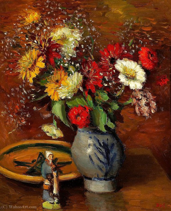 Order Paintings Reproductions Bouquet of Flowers with Statuette by Marcel Dyf (Inspired By) (1899-1985, France) | ArtsDot.com