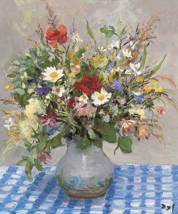 Order Oil Painting Replica Wild Flowers on the Table-Cloth of Blue and White, (1977) by Marcel Dyf (Inspired By) (1899-1985, France) | ArtsDot.com