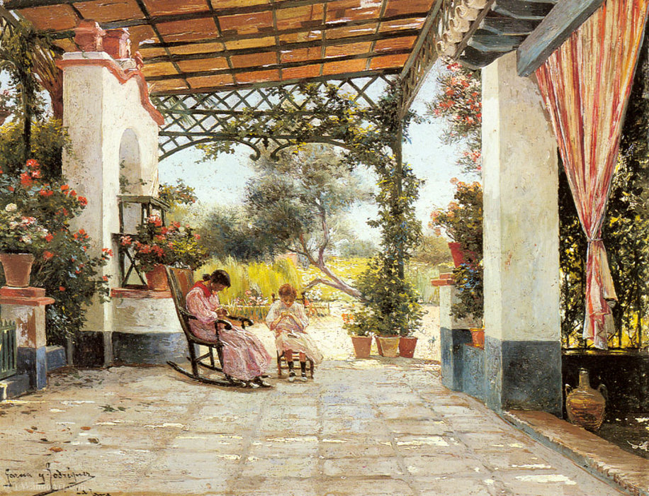 Buy Museum Art Reproductions Mother and Daughter Sewing on a Patio by Manuel Garcia Y Rodriguez (1863-1925, Spain) | ArtsDot.com