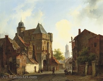 Buy Museum Art Reproductions A peaceful town square in summer by Johannes Hilverdink (1813-1902) | ArtsDot.com