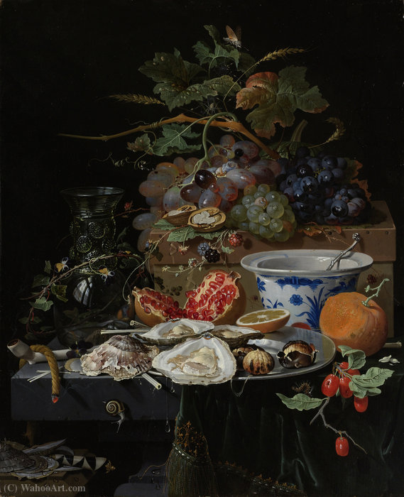 Order Oil Painting Replica Still life with fruit, oysters and a porcelain bowl by Abraham Mignon (Minjon) (1640-1679, Germany) | ArtsDot.com