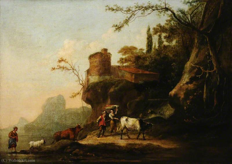 Order Art Reproductions Landscape with Cowherd and Woman Carrying a Laundry Basket by Adam Pynacker (1622-1673, Netherlands) | ArtsDot.com