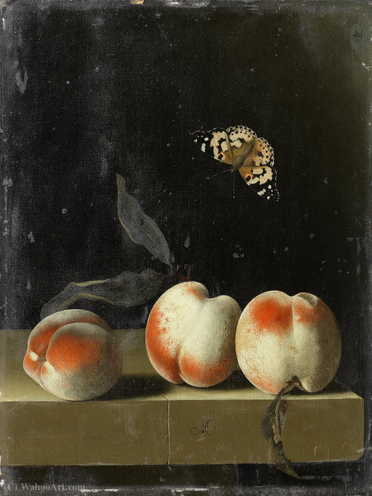 Order Oil Painting Replica Three peaches on a stone ledge with a Painted Lady butterfly by Adriaen Coorte (1665-1707, Netherlands) | ArtsDot.com