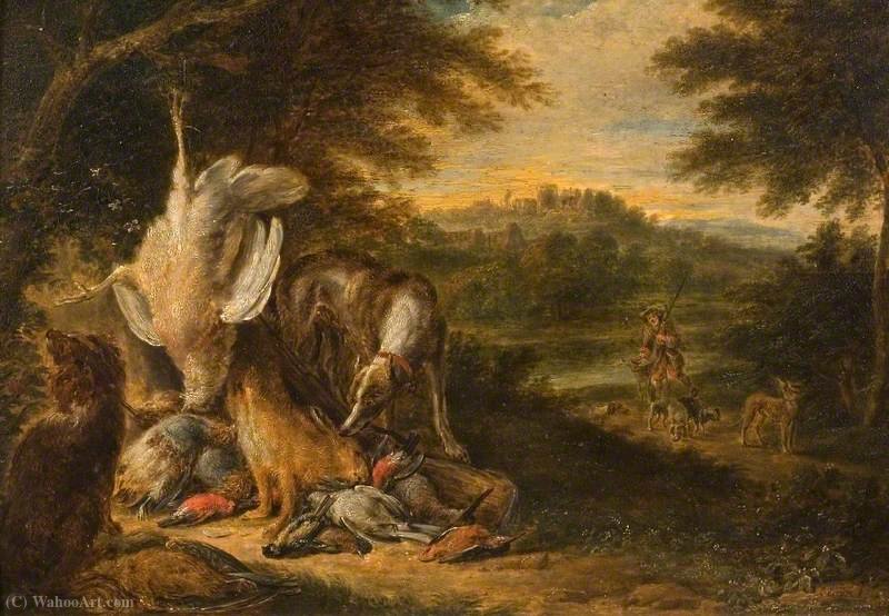 Order Paintings Reproductions Landscape with Sportsman, Hunting Dogs and Dead Game by Adriaen De Gryef (1670-1715, Belgium) | ArtsDot.com